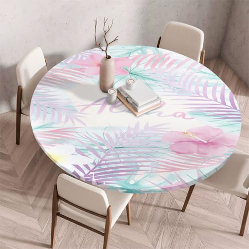 Morbuy Elastische Tischdecke Rund Abwaschbar, 3D Tropisch Blume Muster Tischdecke Wasserdicht Schmutzabweisend Gartentischdecken Tischtuch für Party Küche Esszimmer (Lila Blatt,130cm) von Morbuy