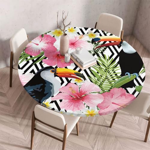 Morbuy Elastische Tischdecke Rund Abwaschbar, 3D Tropisch Blume Muster Tischdecke Wasserdicht Schmutzabweisend Gartentischdecken Tischtuch für Party Küche Esszimmer (Schwarz Vogel,170cm) von Morbuy