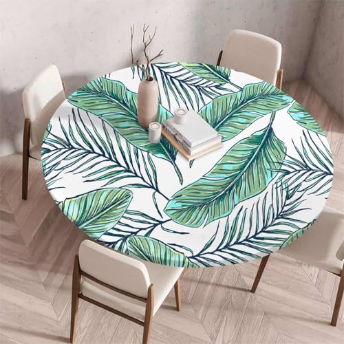 Morbuy Elastische Tischdecke Rund Abwaschbar, 3D Tropisch Pflanze Muster Tischdecke Wasserdicht Schmutzabweisend Gartentischdecken Tischtuch Abwischbar (Bananenblatt,Durchmesser 110cm) von Morbuy