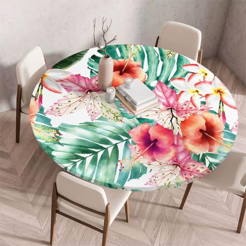 Morbuy Elastische Tischdecke Rund Abwaschbar, 3D Tropisch Pflanze Muster Tischdecke Wasserdicht Schmutzabweisend Gartentischdecken Tischtuch Abwischbar (Rot Blume,Durchmesser 180cm) von Morbuy