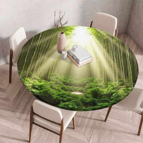 Morbuy Elastische Tischdecke Rund Abwaschbar, 3D Wald Muster Tischdecke Wasserdicht Schmutzabweisend Gartentischdecken Tischtuch für Dekoration Party Küche Esszimmer (Bambuswald,60cm) von Morbuy