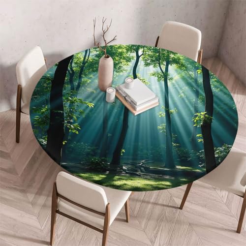 Morbuy Elastische Tischdecke Rund Abwaschbar, 3D Wald Muster Tischdecke Wasserdicht Schmutzabweisend Gartentischdecken Tischtuch für Dekoration Party Küche Esszimmer (Sonnenlicht 1,120cm) von Morbuy
