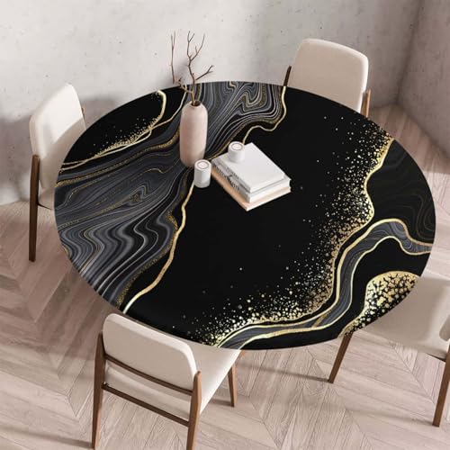 Morbuy Elastische Tischdecke Rund Abwaschbar, Marmor Stil Tischdecke Wasserdicht Schmutzabweisend Gartentischdecken Tischtuch Abwischbar Tischschutz für Küche (Schwarz + Gold,Durchmesser 150cm) von Morbuy