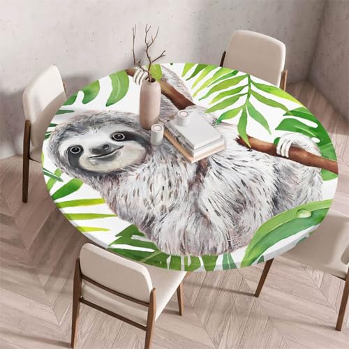 Morbuy Elastische Tischdecke Rund Abwaschbar,3D Monsterablatt Muster Tischdecke Wasserdicht Schmutzabweisend Gartentischdecken Tischtuch Abwischbar Tischschutz (Grau Faultier,Durchmesser 100cm) von Morbuy