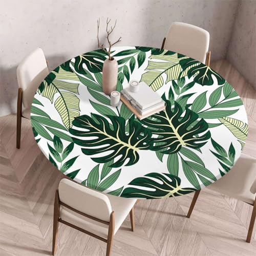 Morbuy Elastische Tischdecke Rund Abwaschbar,3D Monsterablatt Muster Tischdecke Wasserdicht Schmutzabweisend Gartentischdecken Tischtuch Abwischbar Tischschutz (Grün Pflanze,Durchmesser 120cm) von Morbuy