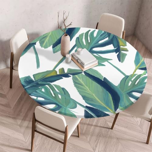 Morbuy Elastische Tischdecke Rund Abwaschbar,3D Monsterablatt Muster Tischdecke Wasserdicht Schmutzabweisend Gartentischdecken Tischtuch Abwischbar Tischschutz (Tropisch Pflanze,Durchmesser 100cm) von Morbuy