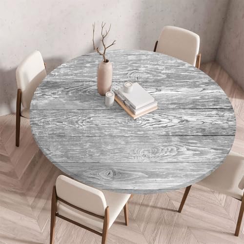Morbuy Elastische Tischdecke Wasserdicht, 3D Holzbrett Muster Tischdecken mit Gummizug Rund Tischtuch Abwischbar Gartentischdecken Tischschutz für Party Küche (Hellgrau,Durchmesser 130cm) von Morbuy