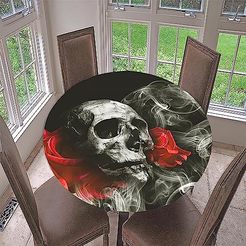 Morbuy Halloween Rund Tischdecke Elastisch, Schädel Drucken Rund Tischdecken Abwaschbar Abwischbar Tischtuch für Dekoration Garten Outdoor (100cm,Blumen) von Morbuy