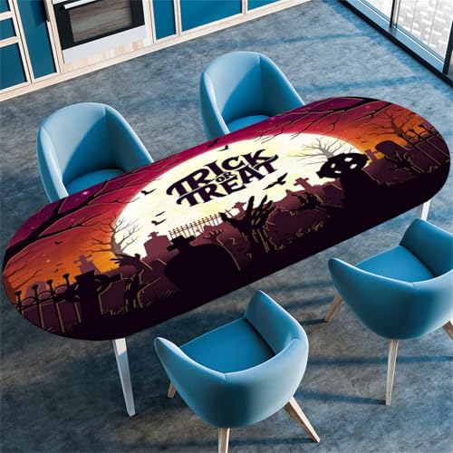 Morbuy Halloween Stil Tischdecke Wasserdicht Oval Outdoor Garten Tischdecken mit Elastisch, Drucken Abwaschbar Küchentisch Tischtuch für Draussen Tisch Dekoration (Braun,107x165cm) von Morbuy