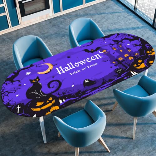 Morbuy Halloween Stil Tischdecke Wasserdicht Oval Outdoor Garten Tischdecken mit Elastisch, Drucken Abwaschbar Küchentisch Tischtuch für Draussen Tisch Dekoration (Dunkelblau,107x183cm) von Morbuy