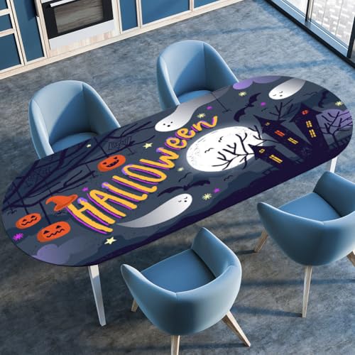 Morbuy Halloween Stil Tischdecke Wasserdicht Oval Outdoor Garten Tischdecken mit Elastisch, Drucken Abwaschbar Küchentisch Tischtuch für Draussen Tisch Dekoration (Dunkelgrau,137x183cm) von Morbuy