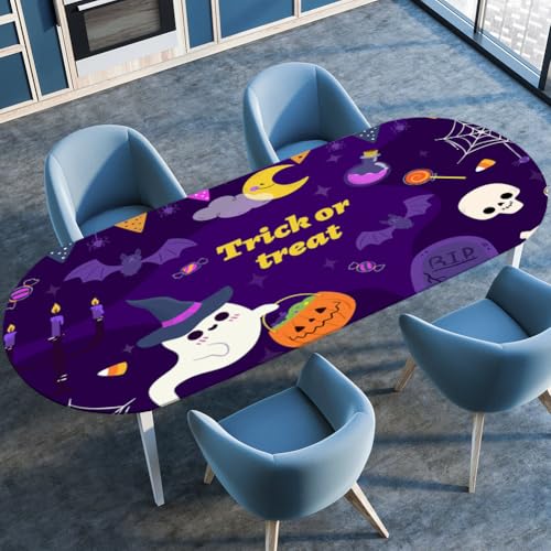 Morbuy Halloween Stil Tischdecke Wasserdicht Oval Outdoor Garten Tischdecken mit Elastisch, Drucken Abwaschbar Küchentisch Tischtuch für Draussen Tisch Dekoration (Lila,107x183cm) von Morbuy