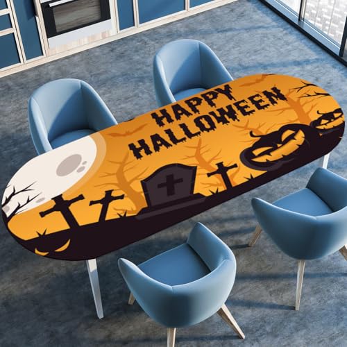 Morbuy Halloween Stil Tischdecke Wasserdicht Oval Outdoor Garten Tischdecken mit Elastisch, Drucken Abwaschbar Küchentisch Tischtuch für Draussen Tisch Dekoration (Orange 2,122x173cm) von Morbuy