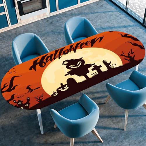 Morbuy Halloween Stil Tischdecke Wasserdicht Oval Outdoor Garten Tischdecken mit Elastisch, Drucken Abwaschbar Küchentisch Tischtuch für Draussen Tisch Dekoration (Rot,132x178cm) von Morbuy