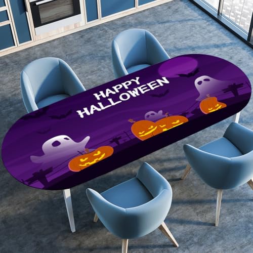 Morbuy Halloween Stil Tischdecke Wasserdicht Oval Outdoor Garten Tischdecken mit Elastisch, Geist Drucken Abwaschbar Küchentisch Tischtuch für Draussen Tisch Dekoration (Lila,132x178cm) von Morbuy