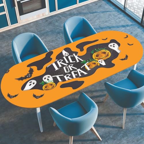 Morbuy Halloween Stil Tischdecke Wasserdicht Oval Outdoor Garten Tischdecken mit Elastisch, Geist Drucken Abwaschbar Küchentisch Tischtuch für Draussen Tisch Dekoration (Orange,122x183cm) von Morbuy
