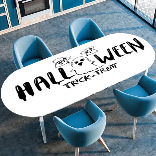 Morbuy Halloween Stil Tischdecke Wasserdicht Oval Outdoor Garten Tischdecken mit Elastisch, Geist Drucken Abwaschbar Küchentisch Tischtuch für Draussen Tisch Dekoration (Weiß,114x142cm) von Morbuy