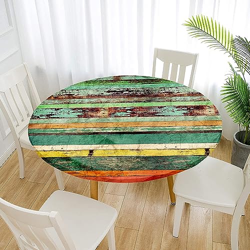Morbuy Holzmaserung Drucken Rund Tischdecke Elastisch, Lotuseffekt Tischdecke Abwaschbar Tischdecken Gartentischdecke Indoor Outdoor Tischtuch (Durchmesser 120cm,Retro) von Morbuy