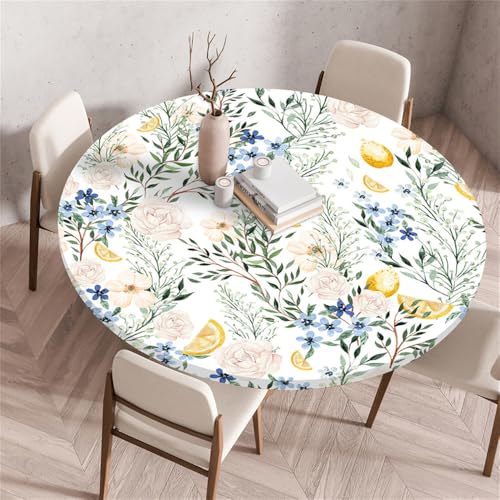 Morbuy Outdoor Tischdecke Rund Blume Drucken Wasserdicht Elastisch Tischdecken Abwaschbar Küchentisch Tischtuch mit Gummizug für Garten Draussen Dekoration (Durchmesser 70cm,Blume W) von Morbuy