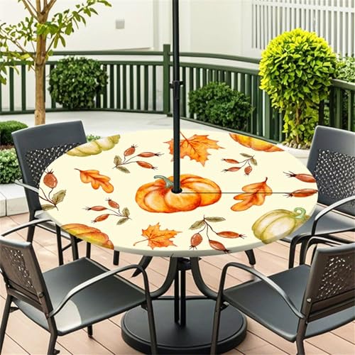 Morbuy Outdoor Tischdecke mit Schirmloch, 3D Kürbis Muster Runde Elastische Tischdecke Outdoor, Wasserdicht Tisch Decken mit Gummizug Gartentischdecken Tischtuch (Ahornblatt,78-88cm) von Morbuy