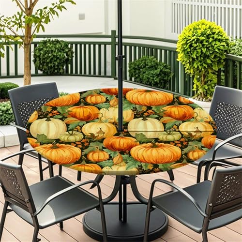 Morbuy Outdoor Tischdecke mit Schirmloch, 3D Kürbis Muster Runde Elastische Tischdecke Outdoor, Wasserdicht Tisch Decken mit Gummizug Gartentischdecken Tischtuch (Grün Blatt,114-137cm) von Morbuy