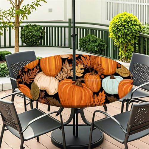 Morbuy Outdoor Tischdecke mit Schirmloch, 3D Kürbis Muster Runde Elastische Tischdecke Outdoor, Wasserdicht Tisch Decken mit Gummizug Gartentischdecken Tischtuch (Kürbis,114-137cm) von Morbuy