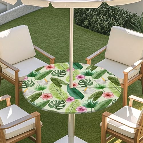 Morbuy Outdoor Tischdecke mit Schirmloch, 3D Tropisch Pflanze Blatt Muster Runde Elastische Tischdecke Outdoor, Wasserdicht Tisch Decken mit Gummizug Gartentischdecken (Rosa Blume,78-88cm) von Morbuy