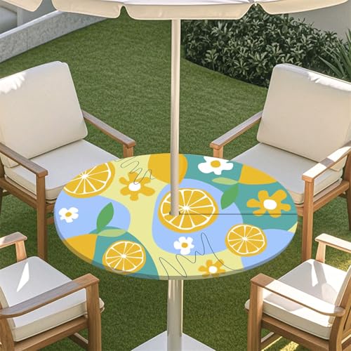 Morbuy Outdoor Tischdecke mit Schirmloch, 3D Zitrone Muster Runde Elastische Tischdecke Outdoor, Wasserdicht Tisch Decken mit Gummizug Gartentischdecken Tischtuch (Gelb Blume,78-88cm) von Morbuy