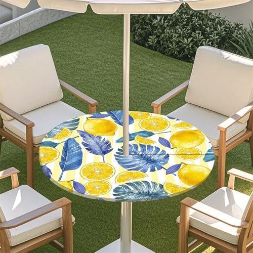 Morbuy Outdoor Tischdecke mit Schirmloch, 3D Zitrone Muster Runde Elastische Tischdecke Outdoor, Wasserdicht Tisch Decken mit Gummizug Gartentischdecken Tischtuch (Monsterablatt,91-111cm) von Morbuy