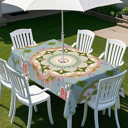 Morbuy Outdoor Tischdecke mit Schirmloch, Mandala Stil Tischdecke Outdoor Wetterfest Rechteckig wasserdichte Gartentischdecke Tischtuch für Dekoration Party Küche (Grün + Pink,259x152cm) von Morbuy