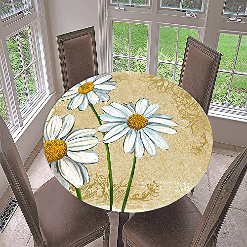 Morbuy Rund Tischdecke Elastisch, 3D Gänseblümchen Rund Tischdecken Wasserdicht Lotuseffekt Abwaschbar Abwischbar Tischtuch für Dekoration Küchentisch Garten Outdoor (Durchmesser 100cm,Beige) von Morbuy