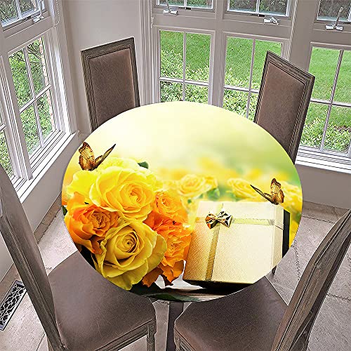 Morbuy Rund Tischdecke Elastisch, 3D Rose Rund Tischdecken Wasserdicht Lotuseffekt Abwaschbar Abwischbar Tischtuch für Dekoration Küchentisch Garten Outdoor (Durchmesser 120cm,Gelbe Rose) von Morbuy