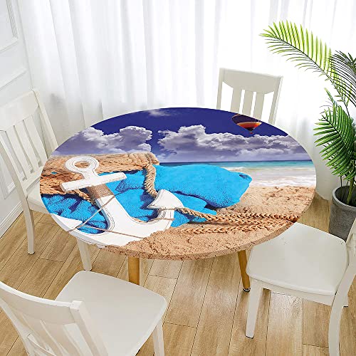 Morbuy Rund Tischdecke Elastisch, Anker Drucken Rund Tischdecken Wasserdicht Lotuseffekt Abwaschbar Abwischbar Tischtuch für Dekoration Küchentisch Garten Outdoor (Durchmesser 100cm,Strand) von Morbuy