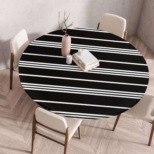 Morbuy Rund Tischdecke Elastisch, Gartentischdecke Schmutzabweisend Abwischbar Tischtuch für Dekoration Küchentisch Kaffee Restaurant Garten -Streifen (Schwarz,80cm) von Morbuy