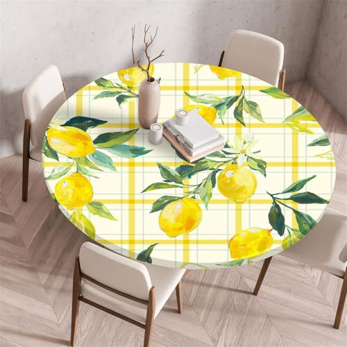 Morbuy Rund Tischdecke Elastisch, Gelb Gartentischdecke Schmutzabweisend Abwischbar Tischtuch für Dekoration Küchentisch Kaffee Restaurant Garten (Karo,140cm) von Morbuy