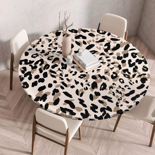 Morbuy Rund Tischdecke Elastisch, Leopardenmuster Gartentischdecke Schmutzabweisend Abwischbar Tischtuch für Dekoration Küchentisch Kaffee Restaurant Garten (Khaki,140cm) von Morbuy