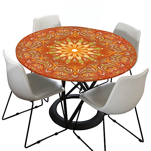 Morbuy Rund Tischdecke Elastisch, Lotuseffekt Tischdecke Abwaschbar Tischdecken Mandala Drucken Gartentischdecke Indoor Outdoor Tischtuch (Durchmesser 100cm,Orange) von Morbuy