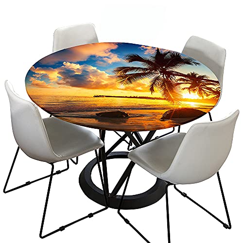 Morbuy Rund Tischdecke Elastisch, Meer Drucken Rund Tischdecken Wasserdicht Lotuseffekt Abwaschbar Abwischbar Tischtuch für Dekoration Küchentisch Garten Outdoor (Durchmesser 200cm,Sonnenuntergang) von Morbuy
