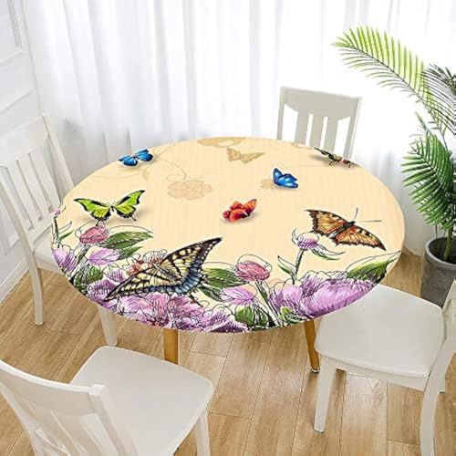 Morbuy Tischdecke Abwaschbar Outdoor Rund 70cm, Elastisch Tischdecken Outdoor Wasserabweisend Lotuseffekt Schmetterling Table Cloth für Garten Restaurant, Ideal für 50cm-60cm von Morbuy