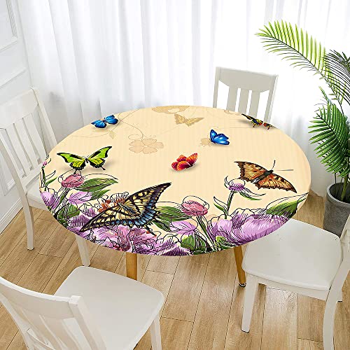 Morbuy Rund Tischdecke Elastisch, Schmetterling Drucken Rund Tischdecken Wasserdicht Lotuseffekt Abwaschbar Abwischbar Tischtuch für Garten Outdoor Küchentisch (Beige,Für Tisch 90-100 cm) von Morbuy