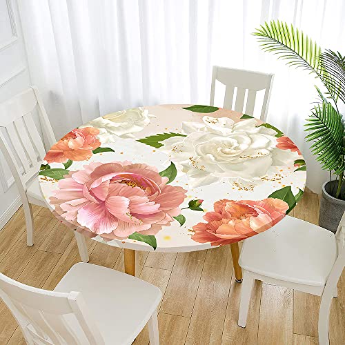 Morbuy Rund Tischdecke Outdoor Elastisch, Schöne Blumen Muster Tischdecken Wasserdicht Lotuseffekt Abwaschbar Abwischbar Tischtuch für Küchentisch Garten Draussen (70cm,weiße Blume) von Morbuy