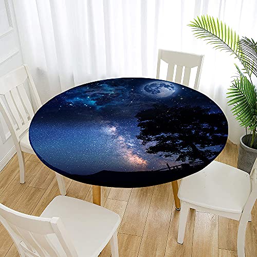 Morbuy Rund Tischdecke Outdoor Elastisch, Sternenhimmel Muster Tischdecken Lotuseffekt Abwaschbar Abwischbar Tischtuch für Küchentisch Garten Draussen Dekoration (70cm,Mond) von Morbuy