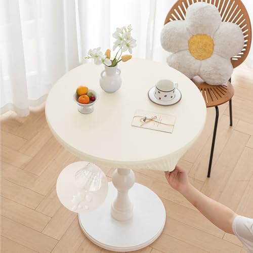 Morbuy Rund Tischdecke Outdoor PU-Leder Wasserdicht Tischdecken Abwaschbar Elastisch Küchentisch Tischtuch für Garten Draussen Dekoration (Beige,Tisch Durchmesser 110cm) von Morbuy