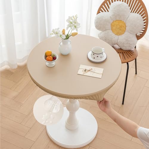 Morbuy Rund Tischdecke Outdoor PU-Leder Wasserdicht Tischdecken Abwaschbar Elastisch Küchentisch Tischtuch für Garten Draussen Dekoration (Khaki,Tisch Durchmesser 100cm) von Morbuy