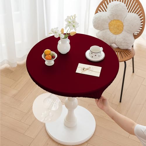 Morbuy Rund Tischdecke Outdoor PU-Leder Wasserdicht Tischdecken Abwaschbar Elastisch Küchentisch Tischtuch für Garten Draussen Dekoration (Rot,Tisch Durchmesser 70cm) von Morbuy