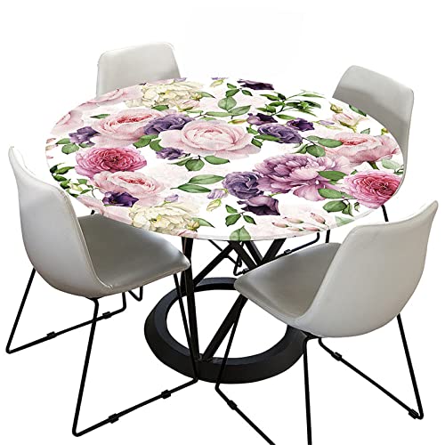 Morbuy Tischdecke Abwaschbar Rund Elastisch, Pfingstrosenblume Drucken Wasserdicht Tischdecken Gartentischdecke Küchetischdecke Abwischbar Tischtuch (Durchmesser 120cm,Lilane Blumen) von Morbuy