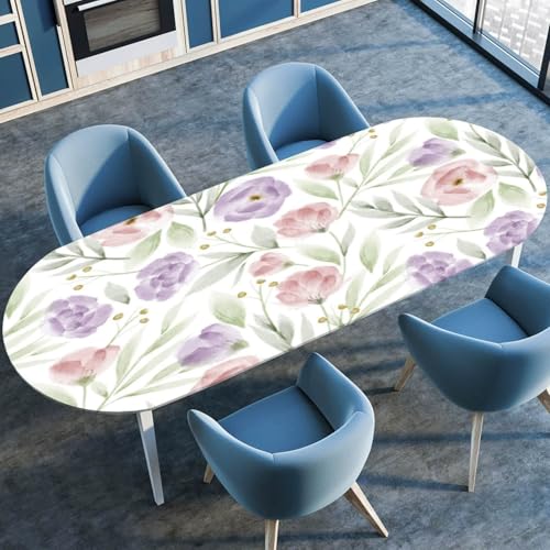 Morbuy Tischdecke Oval mit Gummizug, 3D Blume Muster Tischtuch Oval Elastisch Wasserdicht Tischdecken Abwischbar Gartentischdecken für Party Küche Esszimmer Outdoor (Lila Blume A,107x183cm) von Morbuy