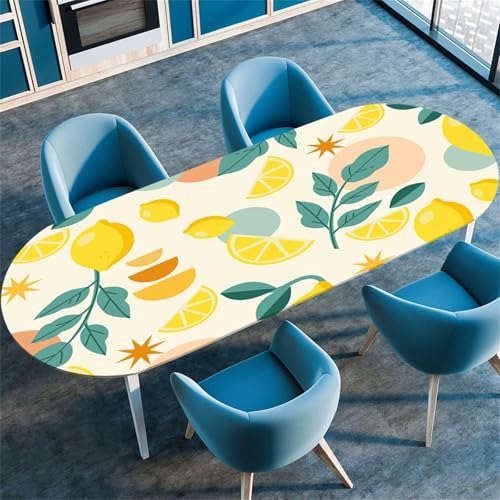 Morbuy Tischdecke Oval mit Gummizug, 3D Zitrone Drucken Tischtuch Oval Elastisch Wasserdicht Tischdecken Abwischbar Gartentischdecken Tischschutz für Party Küche (Grün Blatt,132x178cm) von Morbuy
