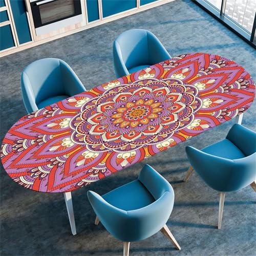 Morbuy Tischdecke Oval mit Gummizug, Mandala Stil Tischtuch Oval Elastisch Wasserdicht Tischdecken Abwischbar Gartentischdecken Tischschutz für Dekoration Party Küche (Lila + Rot,107x152cm) von Morbuy