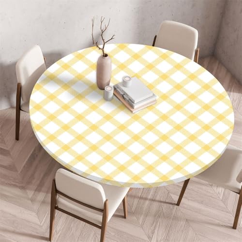 Morbuy Tischdecke Rund Wasserdicht, Garten Tischdecken mit Elastisch, Schottenmuster Druck Outdoor Abwaschbar Küchentisch Tischtuch für Tisch Dekoration (Gelb-Weiß,⌀ 130cm) von Morbuy